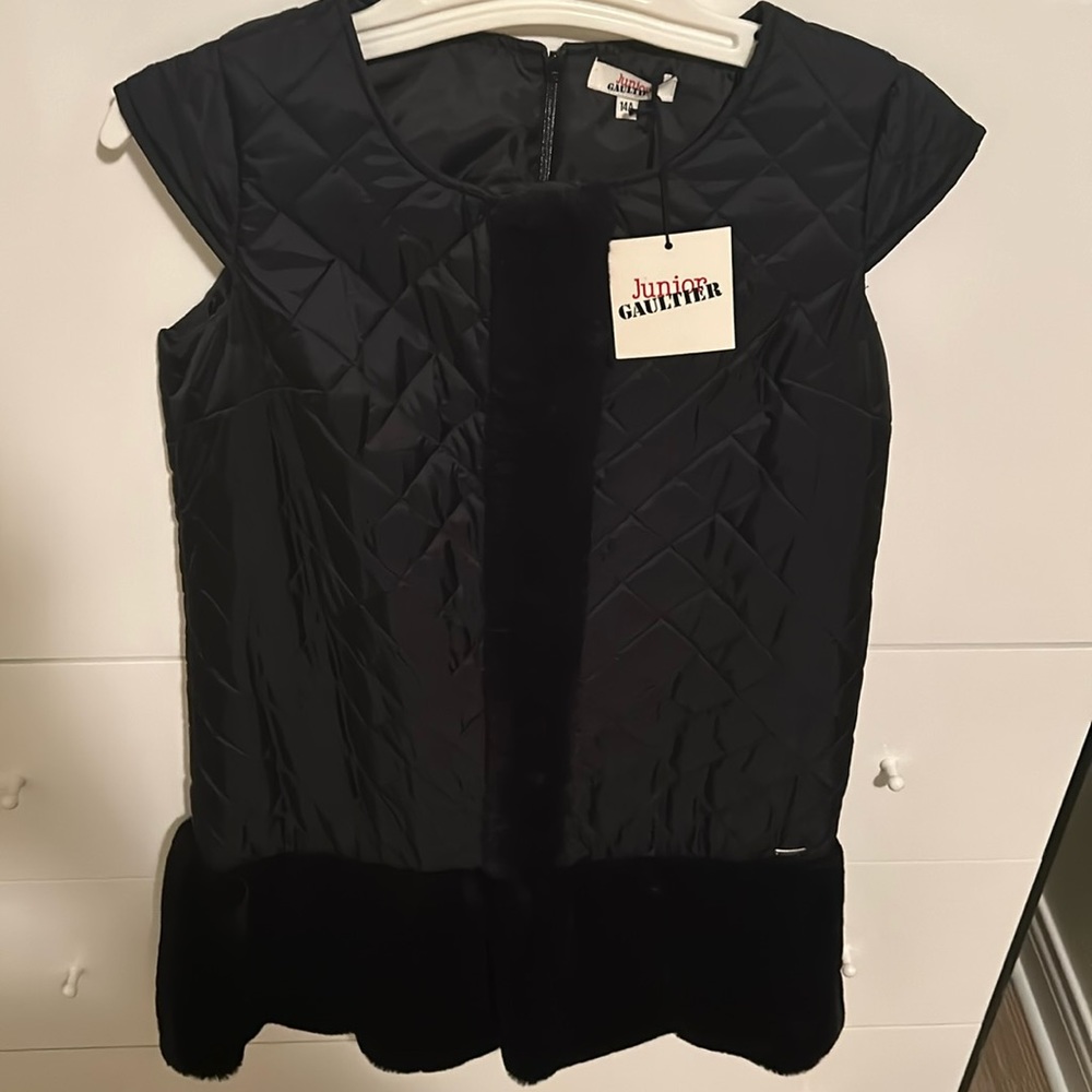 GIRL'S JUNIOR GAULTIER Prunille Black Faux Plush Fur Sleeveless dress size 14